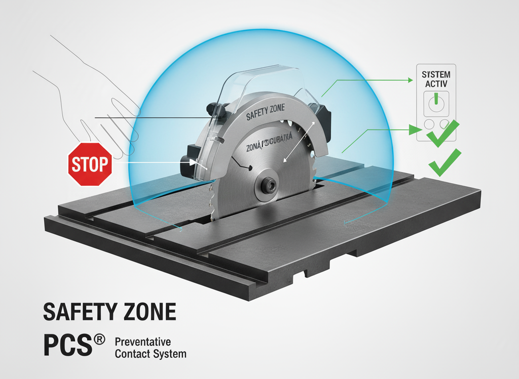 Ilustrație a tehnologiei de siguranță PCS, arătând cum zona de detecție oprește pânza circularului la apropierea mâinii operatorului.