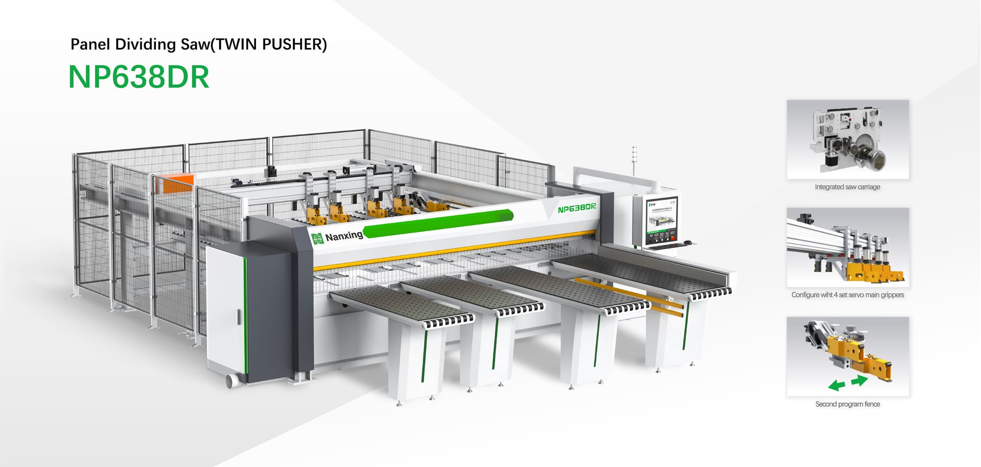 Fierăstrău de debitat Nanxing NP638DR cu tehnologie Twin Pusher și cleme servo-motorizate pentru tăieri simultane și complexe.
