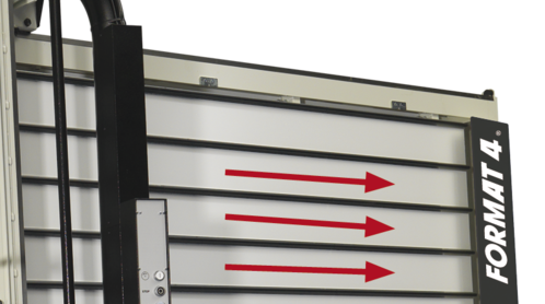 Detaliu cu sistemul de exhaustare TRK (sistem patentat) al unui circular vertical Format4, care elimină praful de pe întreaga lungime a tăierii.