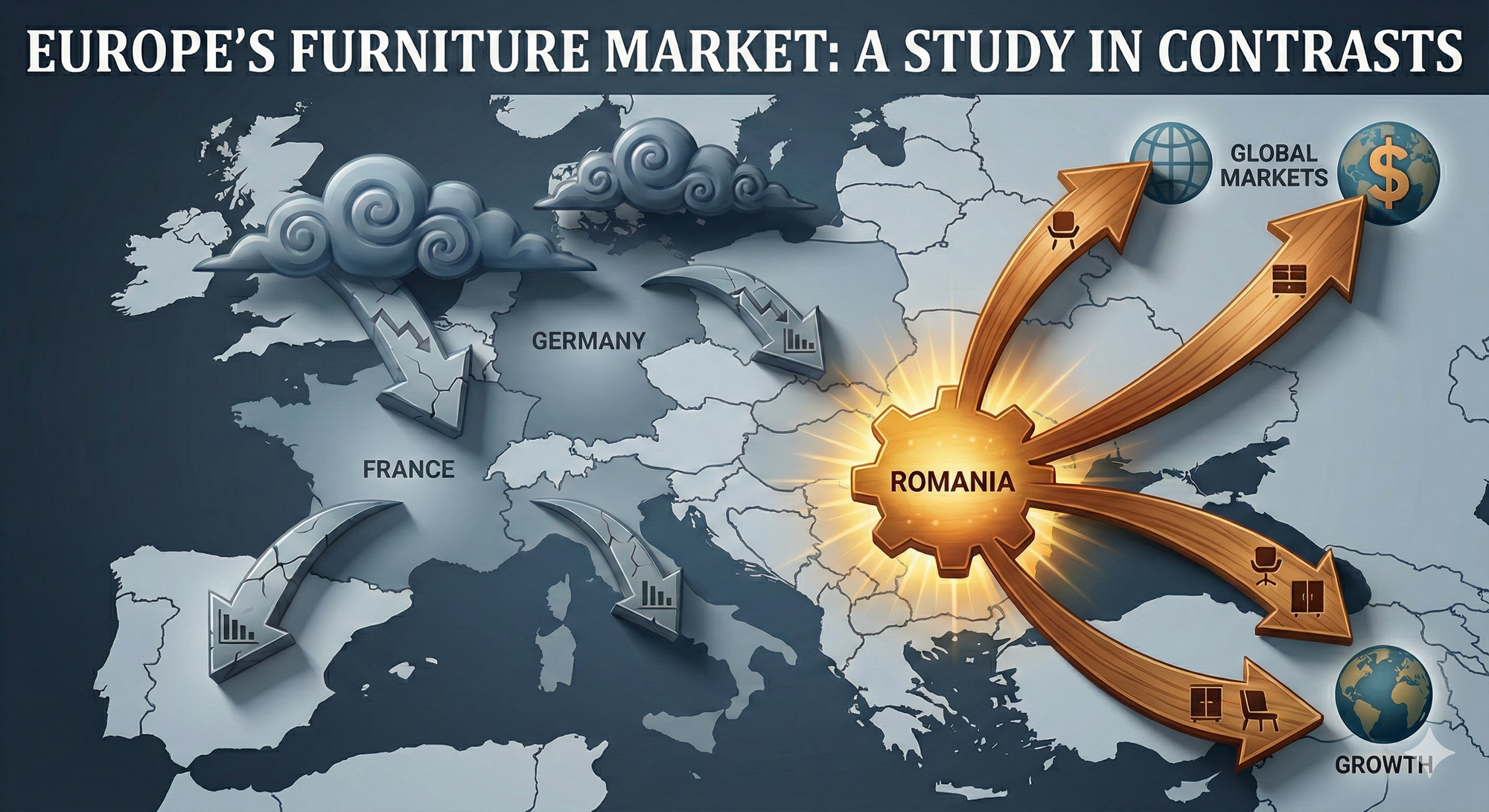 Ilustrație conceptuală a pieței de mobilier din Europa: Contrast între declinul piețelor din Vest (Germania, Franța) și creșterea explozivă a producției și exporturilor din România.