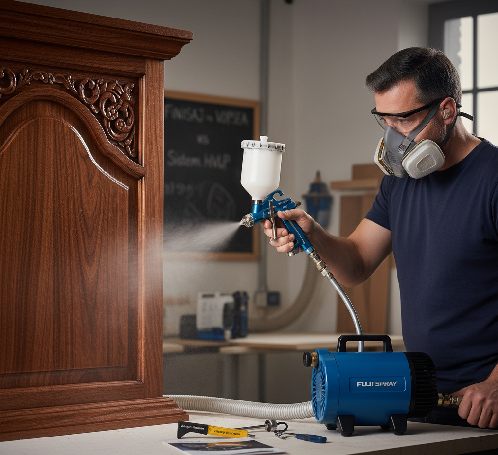 Tâmplar profesionist cu mască de protecție, aplicând lac pe o piesă de mobilier din lemn sculptat, folosind un sistem de pulverizare HVLP (ex: Fuji Spray).