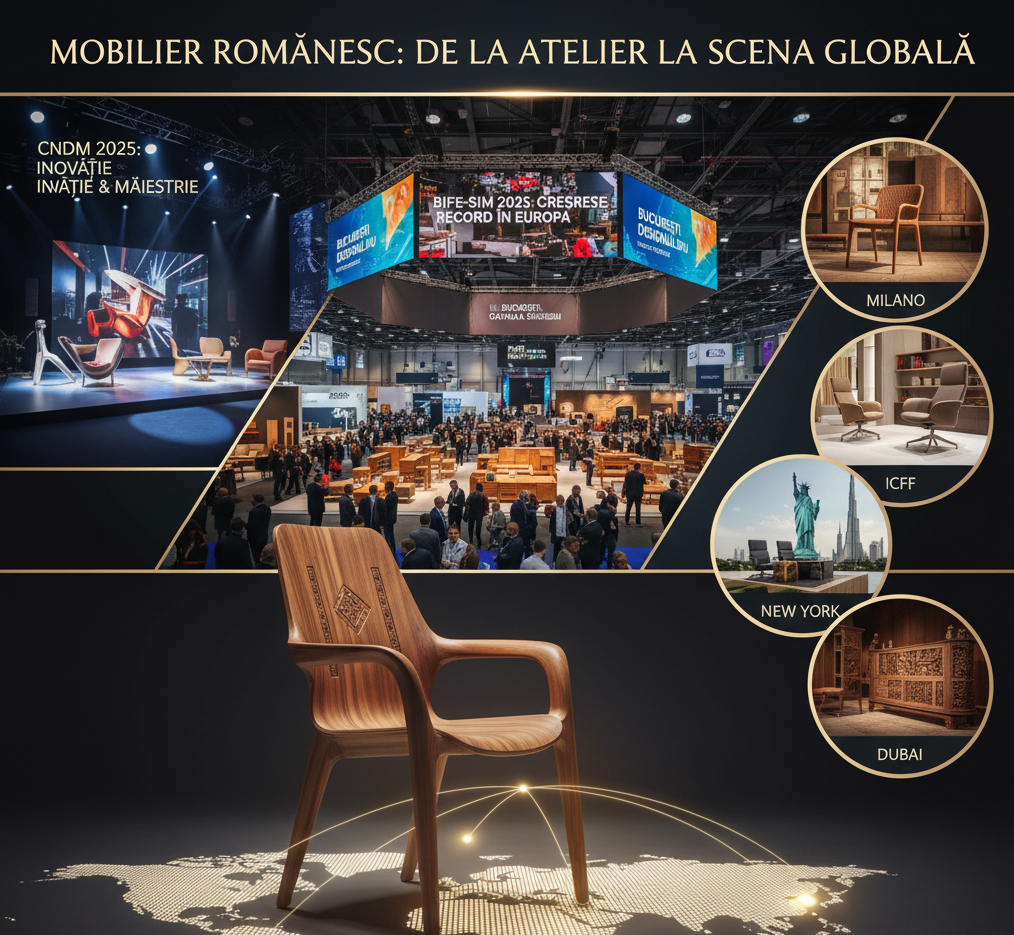 mobilierul românesc pe scena globală, arătând un stand de la târgul BIFE-SIM 2025 și evenimente internaționale precum Milano, ICFF New York și Dubai.