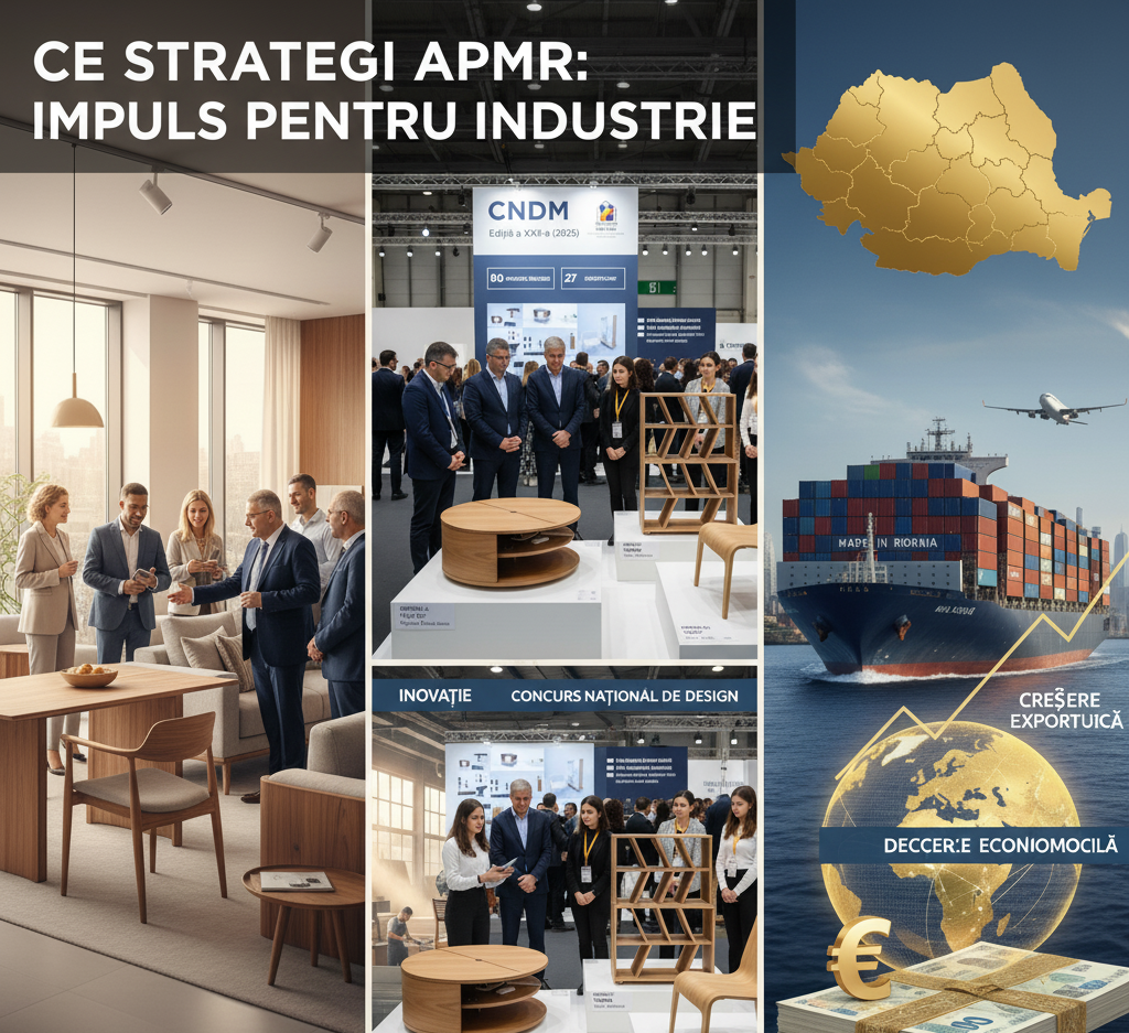 Infografic despre strategiile APMR pentru industria mobilei: promovarea inovației (CNDM), creșterea exporturilor (navă cargo) și susținerea creșterii economice în România.