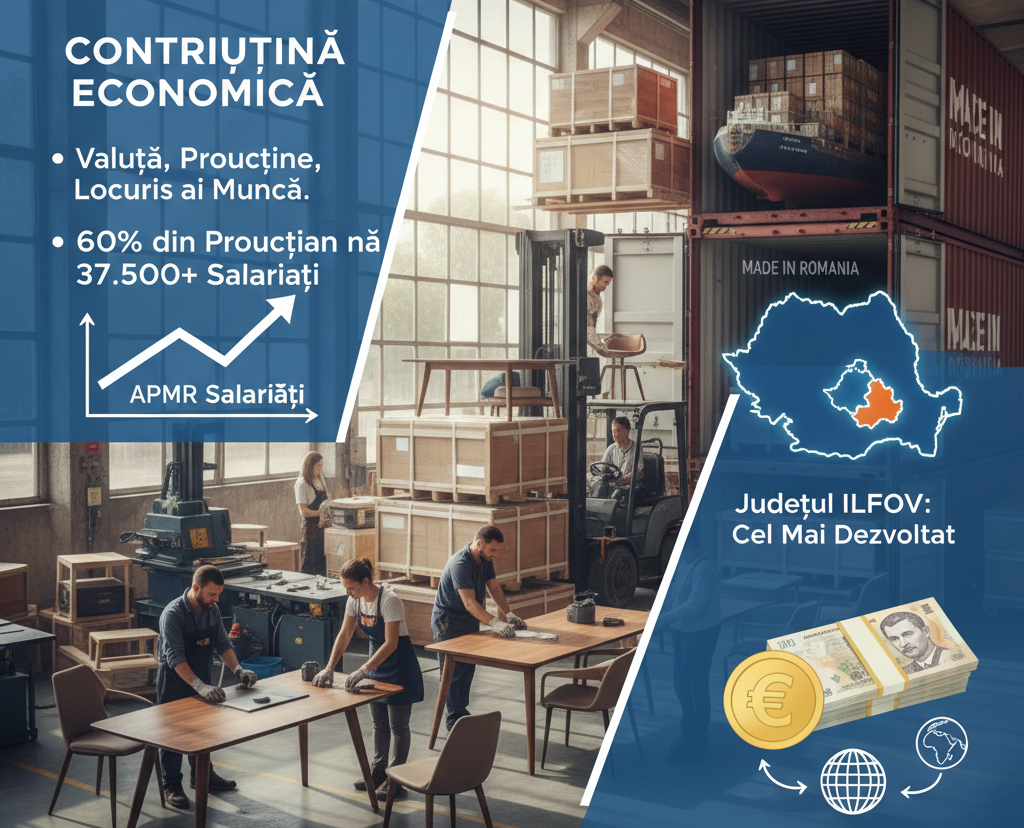 Infografic despre contribuția economică a industriei mobilei din România: valută, producție, locuri de muncă (37.500+ salariați APMR) și impactul regional (Județul Ilfov).