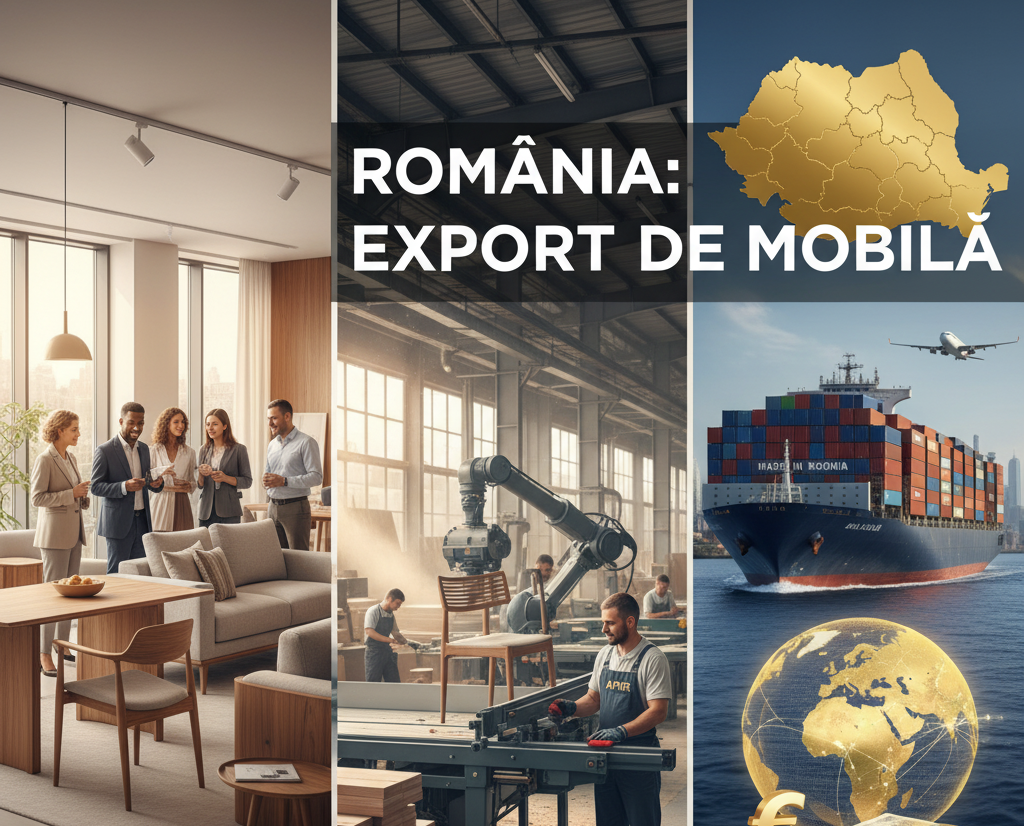Colaj despre exportul de mobilă din România, arătând un showroom de design, o fabrică automatizată cu braț robotic și o navă cargo "Made in Romania".