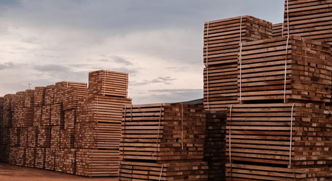 Depozit industrial de cherestea cu stive mari de lemn masiv certificat FSC, pregătite pentru prelucrare, subliniind conformitatea cu standardele de sustenabilitate.