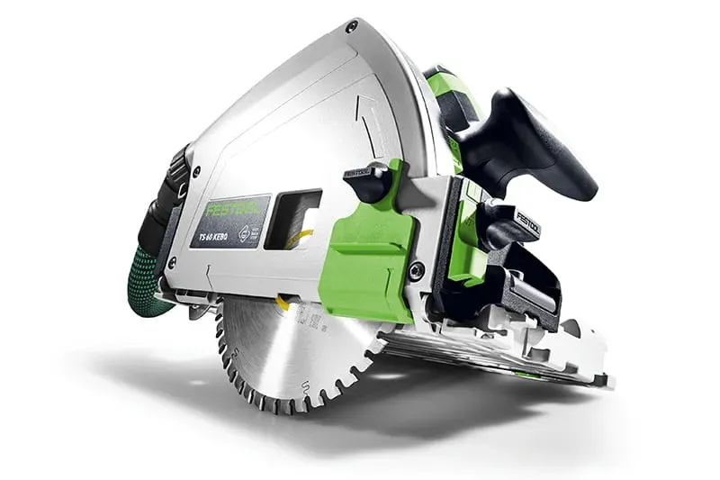 Ferăstrău circular de imersie Festool TS 60 K, vedere laterală detaliată a mecanismului de protecție KickbackStop și a pânzei pentru debitare precisă.