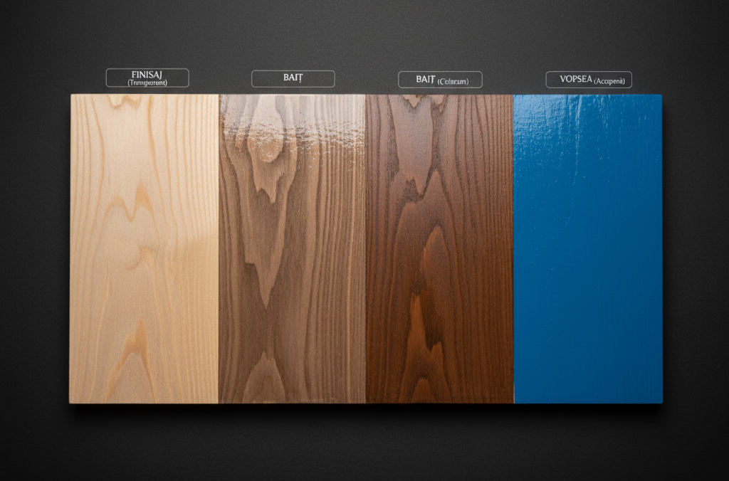 Mostră de lemn cu patru tipuri de finisaje, comparând vizual finisajul transparent, două tipuri de baiț (standard și cerat) și vopseaua albastră cu acoperire totală.