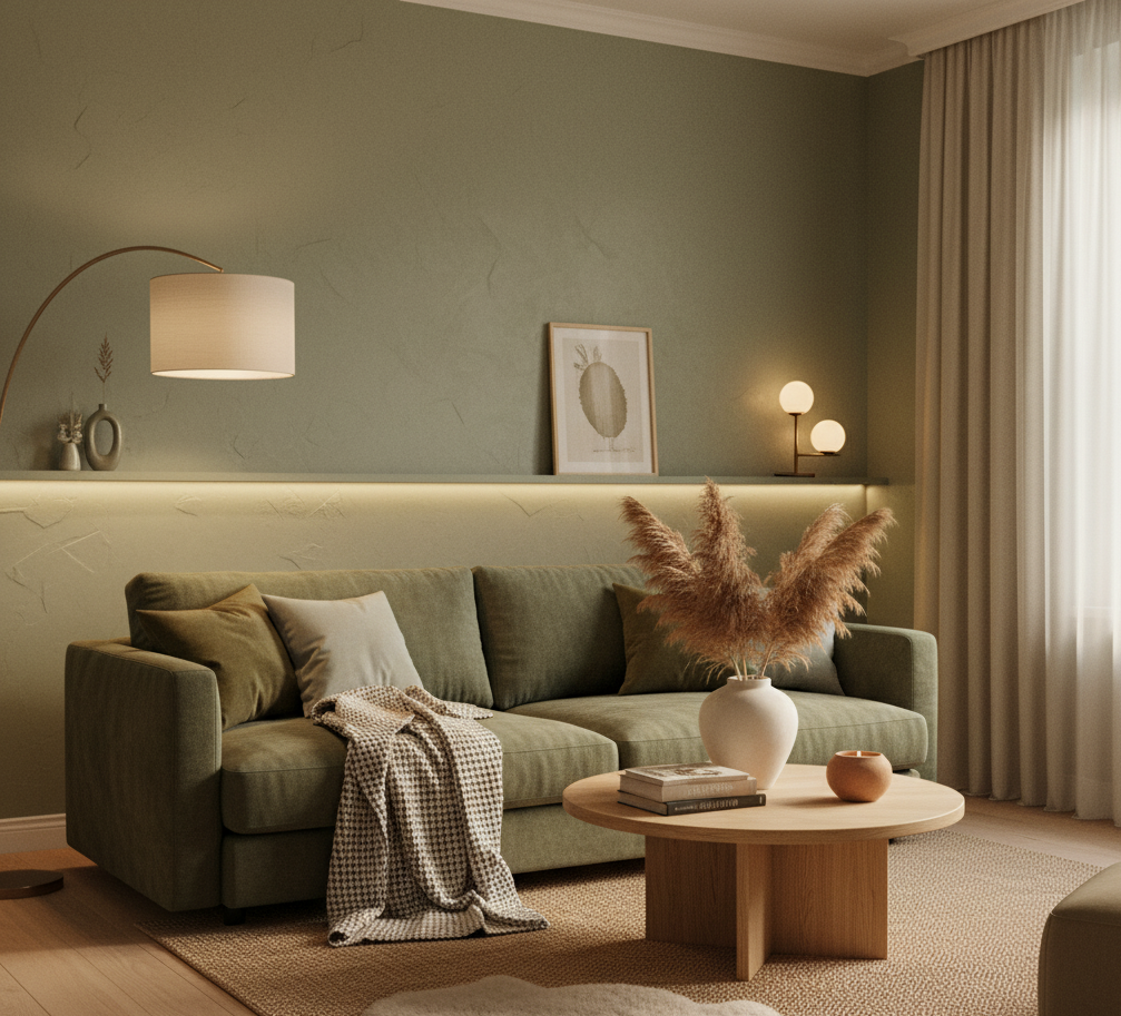 Living modern amenajat în stil biofilic, cu pereți verde oliv, canapea asortată și mobilier din lemn, reflectând tendințele de design natural pentru 2026.