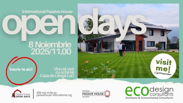 Banner pentru International Passive House Open Days 2025, invitând publicul să viziteze "Casa de Lângă Lac" pe 8 noiembrie, un eveniment organizat de Eco Design Consultants.