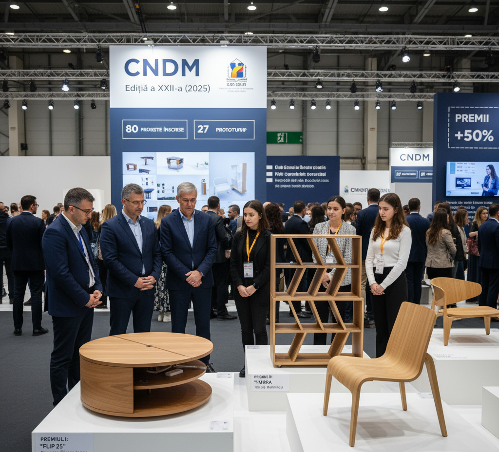 Standul Concursului Național de Design de Mobilier (CNDM) 2025 (Ediția a XXII-a), unde vizitatorii și juriul analizează prototipuri de mobilier inovator românesc (ex: masa "FLIP 25").