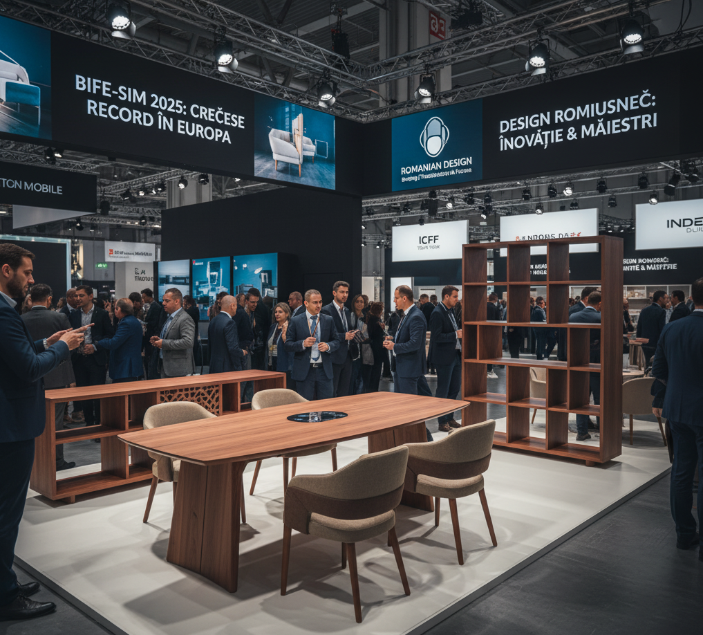 Stand de mobilier la târgul BIFE-SIM 2025, plin de vizitatori, sub un banner care anunță "Design Românesc: Inovație & Măiestrie".