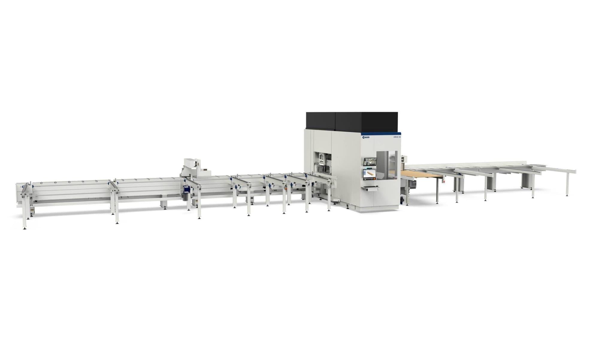 Centru de prelucrare CNC pentru dulgherie SCM Oikos XS, vedere de ansamblu cu sisteme de alimentare automatizate și cabină de protecție.