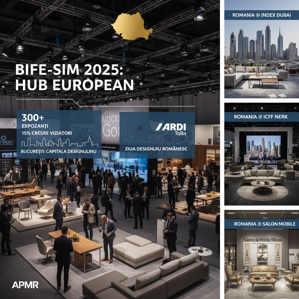Infografic despre BIFE-SIM 2025 ca hub european și promovarea exportului de mobilă românească (APMR) la târguri internaționale (INDEX Dubai, ICFF New York, Salone del Mobile).