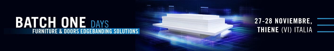 Banner eveniment SCM Batch One Days în Thiene Italia, dedicat soluțiilor de căntuire flexibilă pentru mobilier și uși.