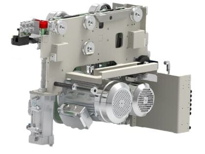 Detaliu tehnic al carului de pânze (unitatea de tăiere) al unui fierăstrău SCM Gabbiani, evidențiind motoarele independente și construcția robustă.