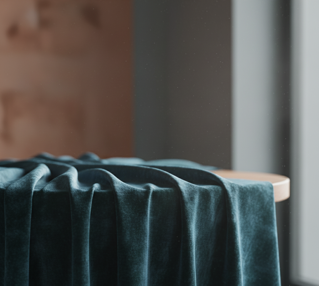Textil de catifea într-o nuanță profundă de albastru-verde (teal) cu accente fumurii, reprezentând o tendință de culoare rafinată pentru 2026.