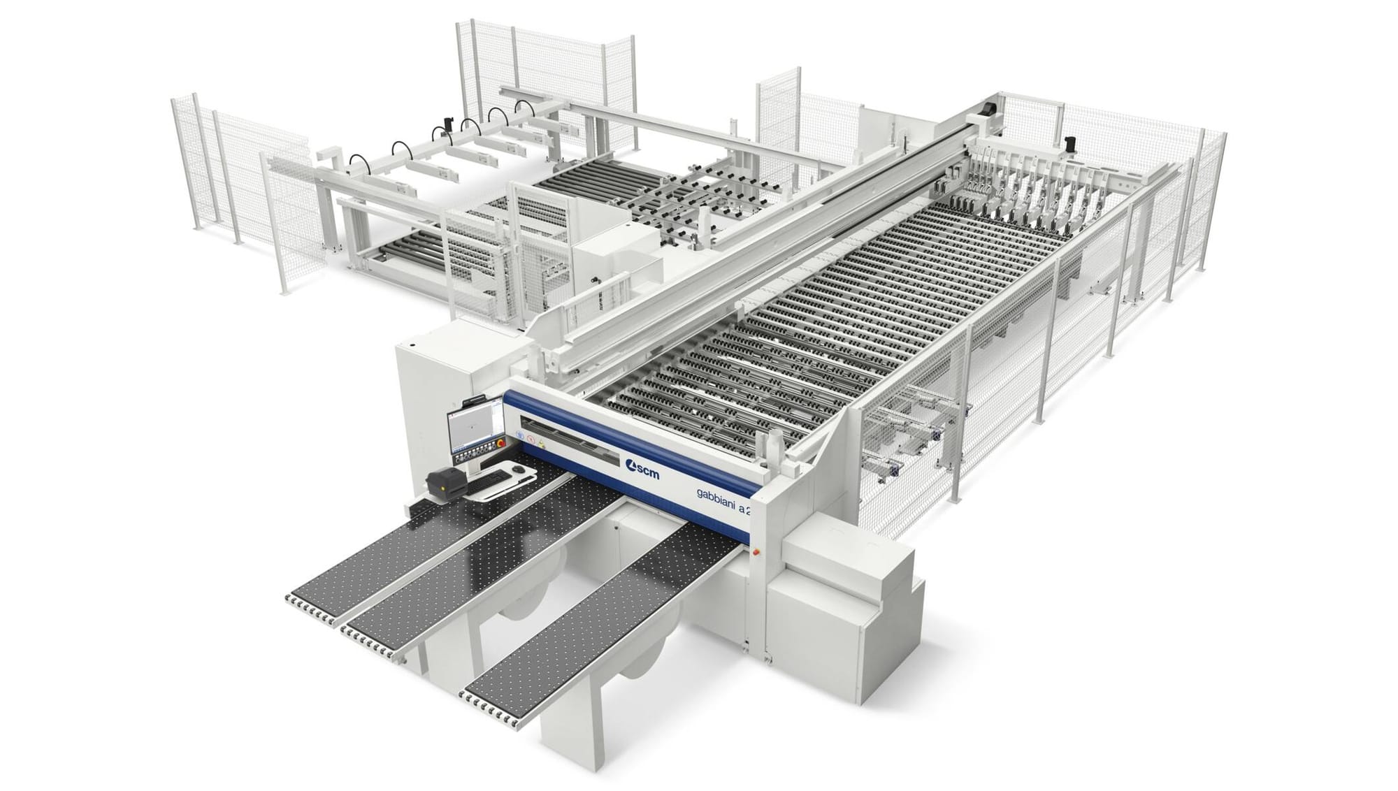 Celulă industrială de debitat SCM Gabbiani a2 (model 2023), complet automatizată, cu stație de control CNC și masă de încărcare posterioară (lift table).