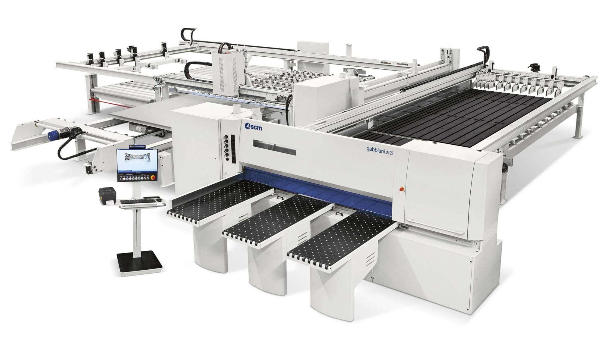 Detaliu al sistemului de alimentare SCM Gabbiani cu masă rotativă externă, care permite rotirea automată a pachetului de panouri înainte de tăiere.