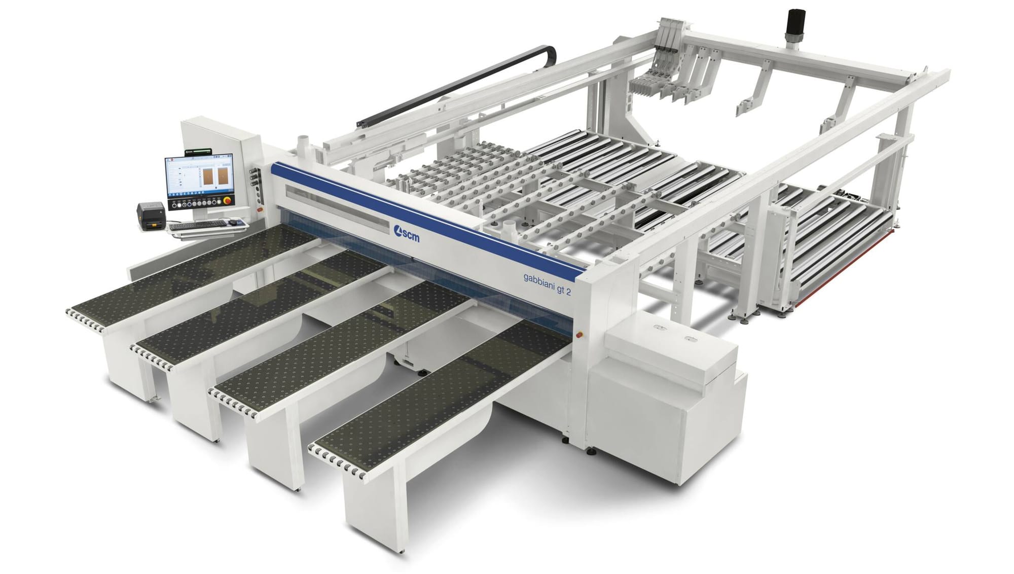 Fierăstrău de debitat în pachet (beam saw) SCM Gabbiani GT 2 (2025), cu mese frontale cu perne de aer, control CNC și masă de încărcare posterioară.