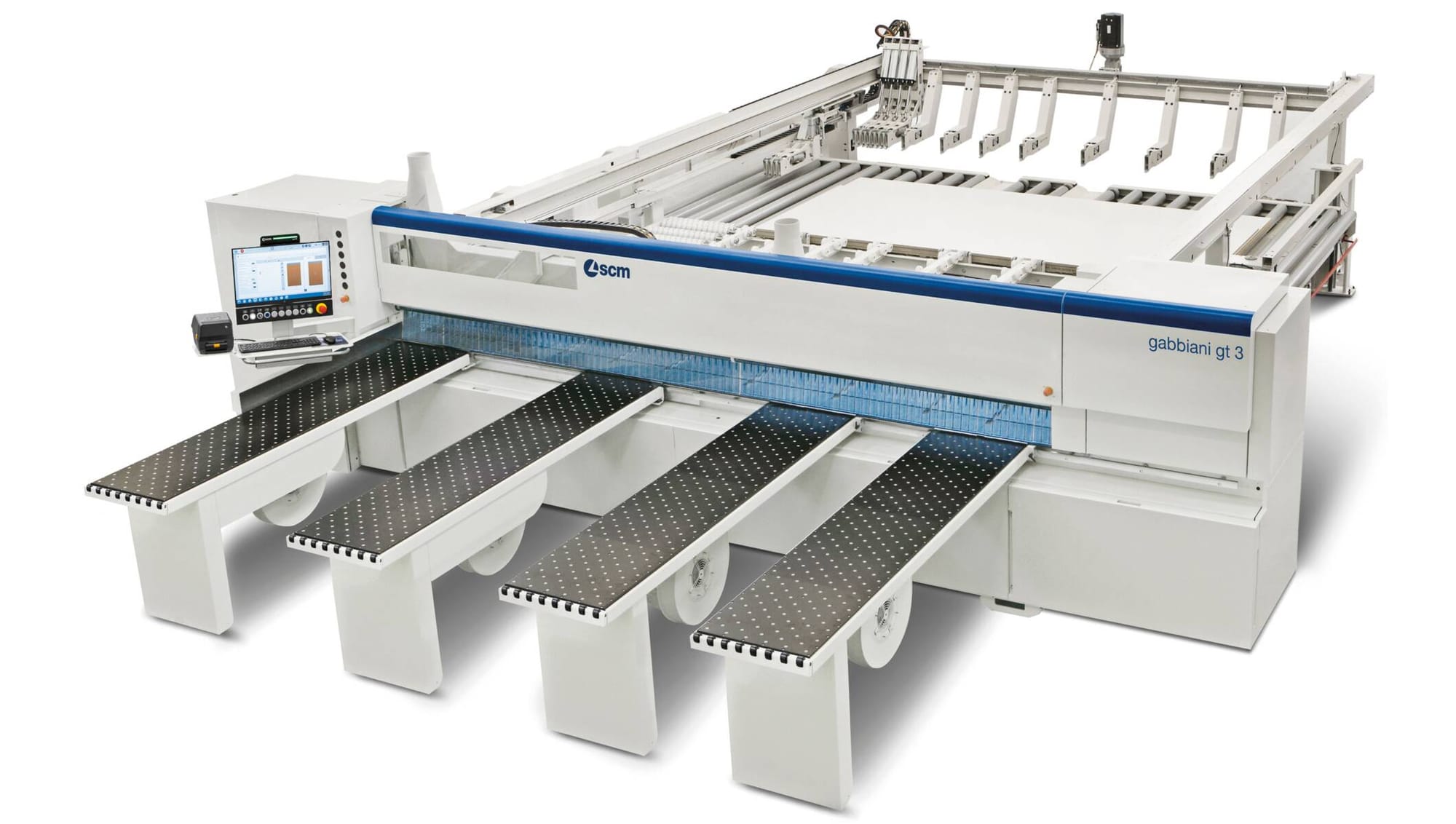 Fierăstrău de debitat în pachet (beam saw) SCM Gabbiani GT 3 (2023), model industrial cu mese frontale cu perne de aer și stație de control CNC.