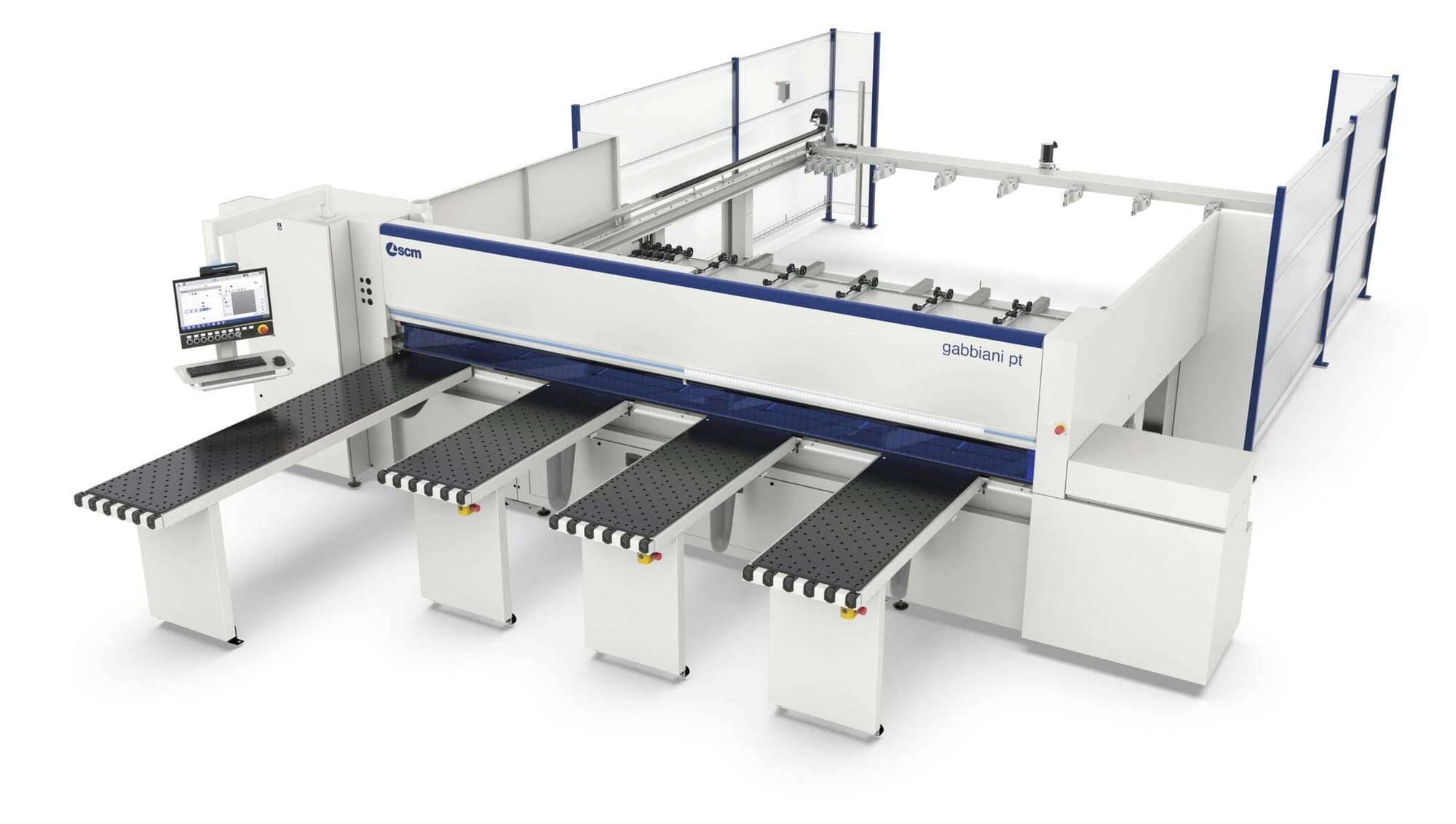 Fierăstrău de debitat în pachet (beam saw) SCM Gabbiani PT (model 2025), cu stație de control CNC și mese frontale cu perne de aer pentru producție industrială.