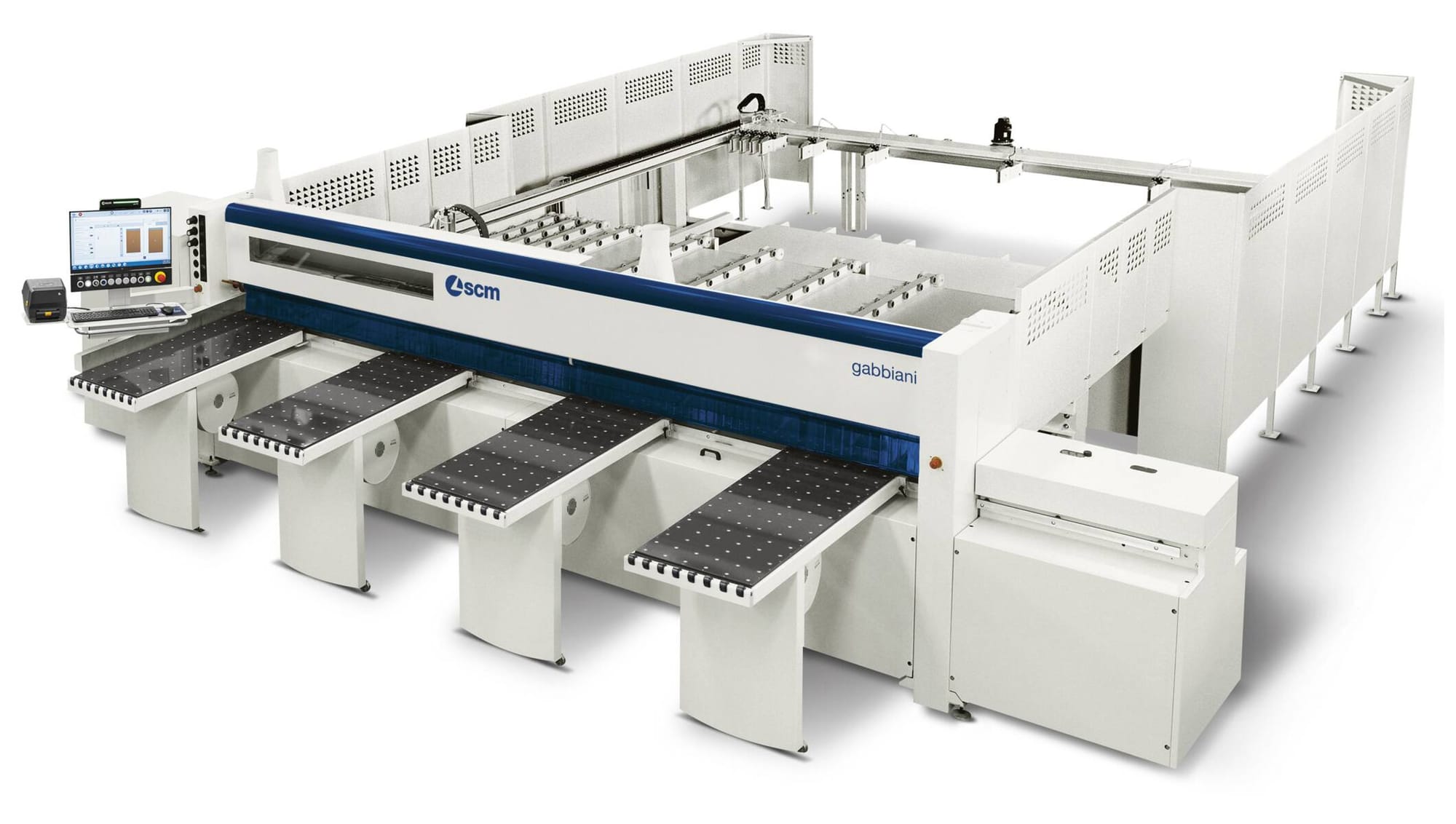 Fierăstrău de debitat în pachet (beam saw) SCM Gabbiani ST (model 2023), cu stație de control CNC, mese frontale cu perne de aer și structură industrială.