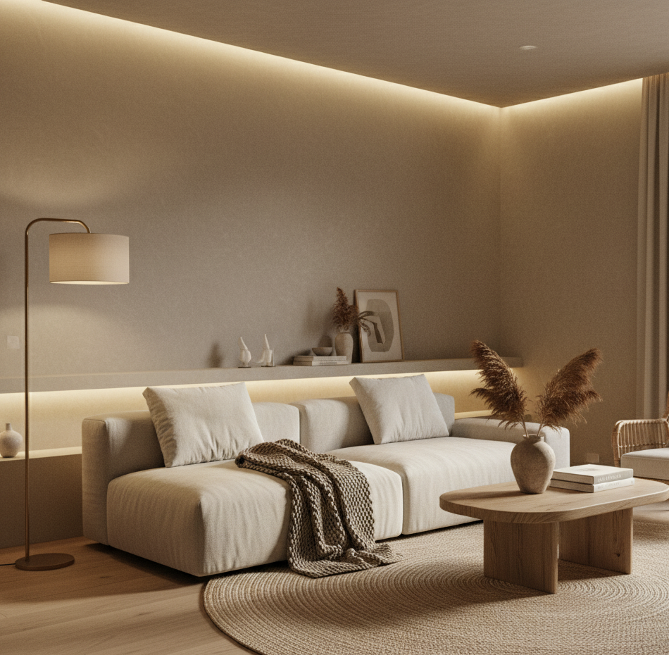 Dormitor modern amenajat în tendințele 2026, cu o paletă de culori neutre calde, mobilier din lemn deschis și pat cu tăblie tapițată, creând o atmosferă de sanctuar.