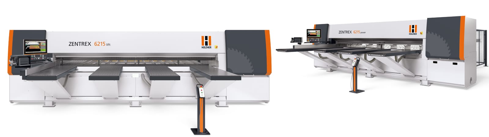 Comparație vizuală a fierăstraielor de debitat în pachet HOLZ-HER ZENTREX 6215 lift (stânga) și ZENTREX 6215 power (dreapta), două modele industriale de top.