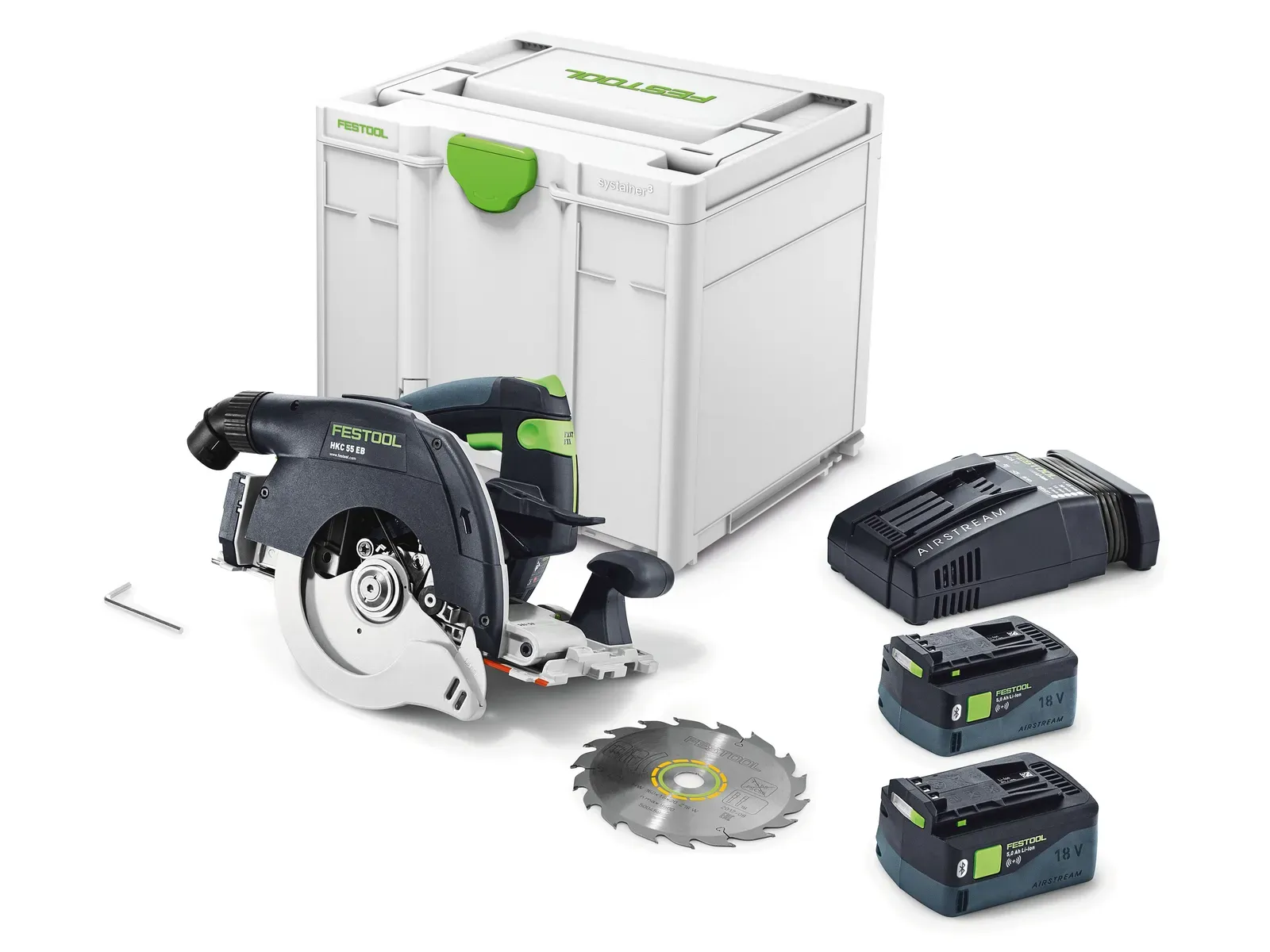 Kit complet ferăstrău circular manual Festool HKC 55 5,0 EBI-Plus-SCA, incluzând cutie Systainer, limitator paralel și pânză pentru debitare lemn