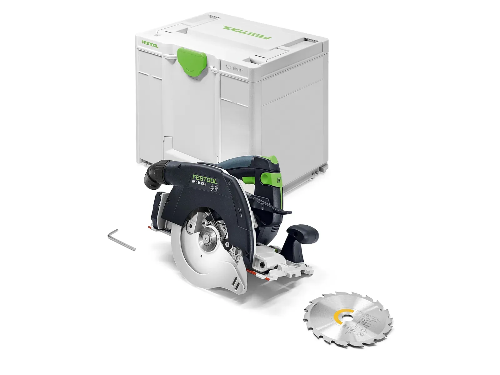 Ferăstrău circular manual cu acumulator Festool HKC 55 KEB-Basic, prezentat în set cu cutie de transport Systainer și pânză de ferăstrău standard pentru tâmplărie.