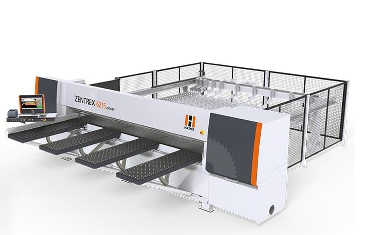 Fierăstrău de debitat în pachet (beam saw) industrial HOLZ-HER ZENTREX 6215 power, cu mese frontale cu perne de aer și masă de încărcare posterioară (lift table) automatizată.