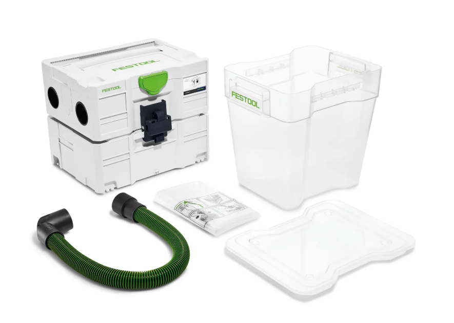 Kit complet pre-separator ciclonic Festool CT-VA, incluzând unitate Systainer, container transparent de colectare, furtun de conectare și saci, compatibil cu aspiratoarele mobile CT.