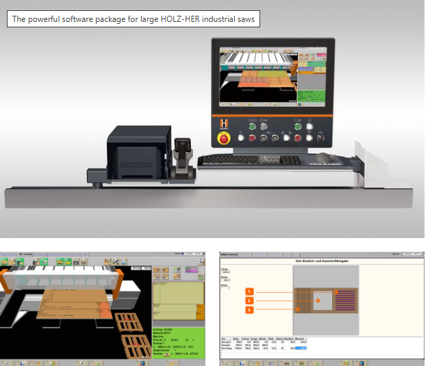 Colaj de imagini cu pachetul software HOLZ-HER pentru fierăstraie industriale, arătând stația de control CNC, vizualizarea 3D a planului de tăiere și software-ul de optimizare.