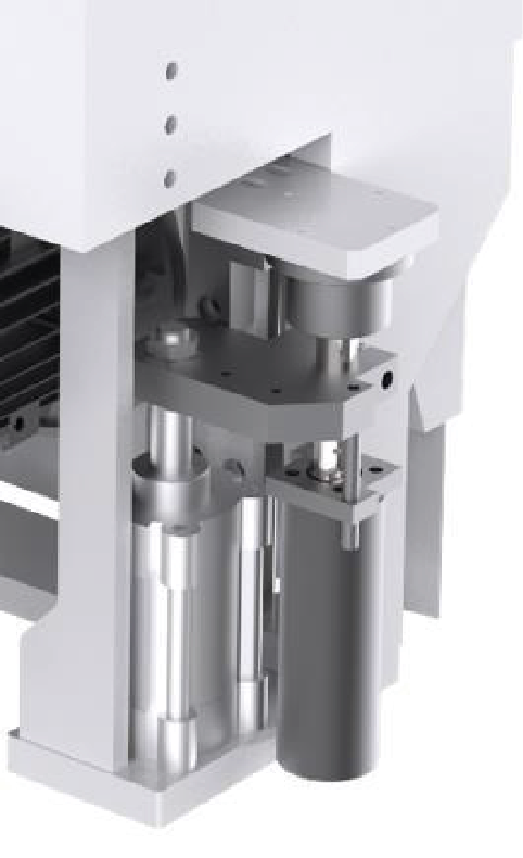 Detaliu tehnic al mecanismului pneumatic de ridicare și reglare a grupului incizor (scorer) pe un fierăstrău de debitat KDT.