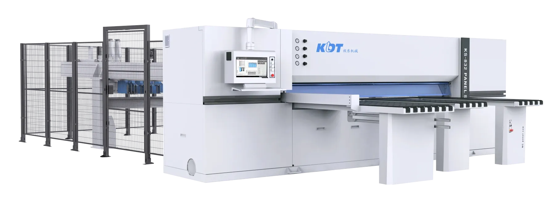 Fierăstrău de debitat în pachet (beam saw) industrial KDT KS-832L, cu încărcare automată posterioară (lift table) și mese frontale cu perne de aer.