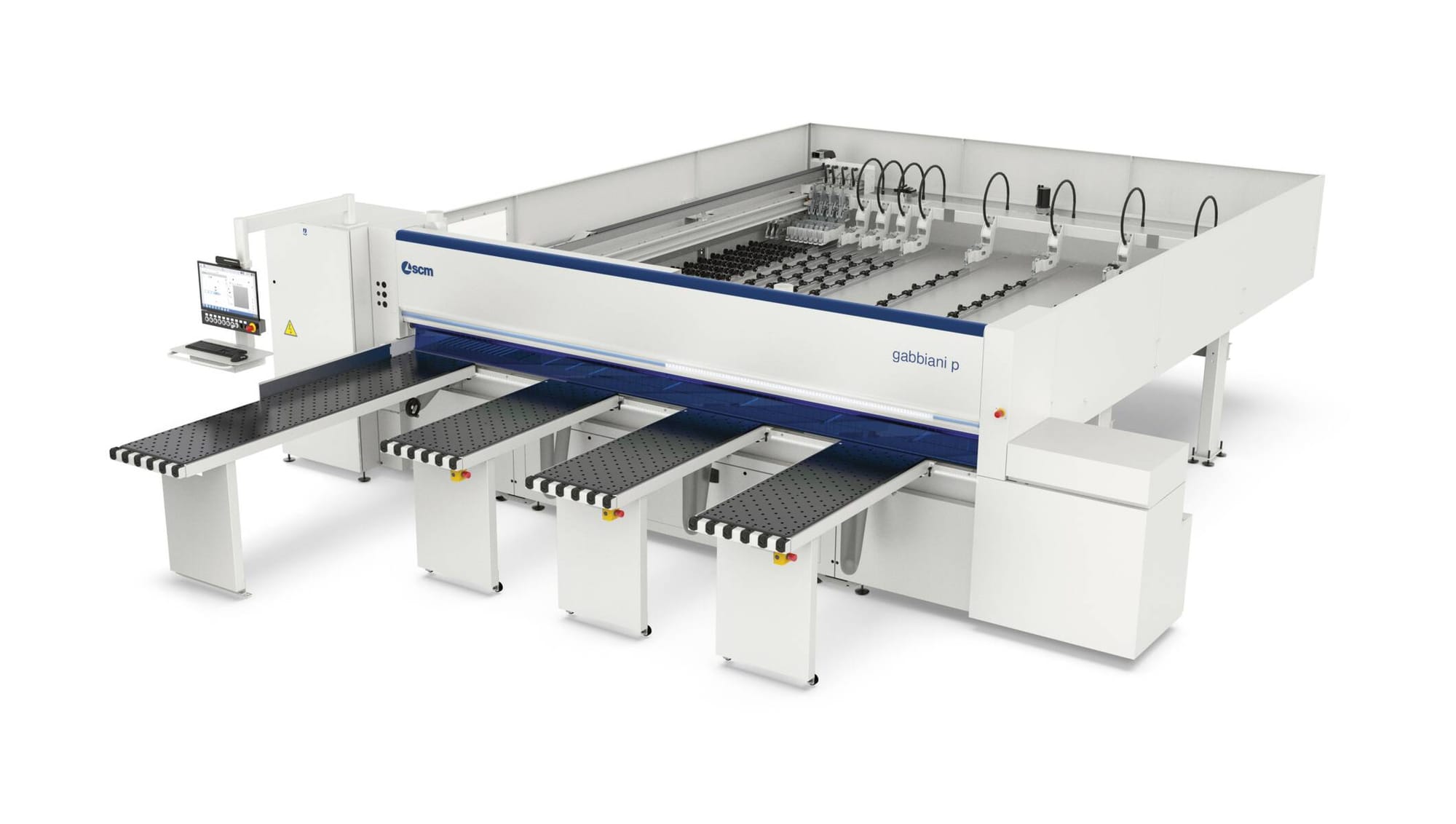 Fierăstrău de debitat în pachet (beam saw) SCM Gabbiani P (model 2025), cu stație de control CNC, mese frontale cu perne de aer și sistem de împingere posterior.