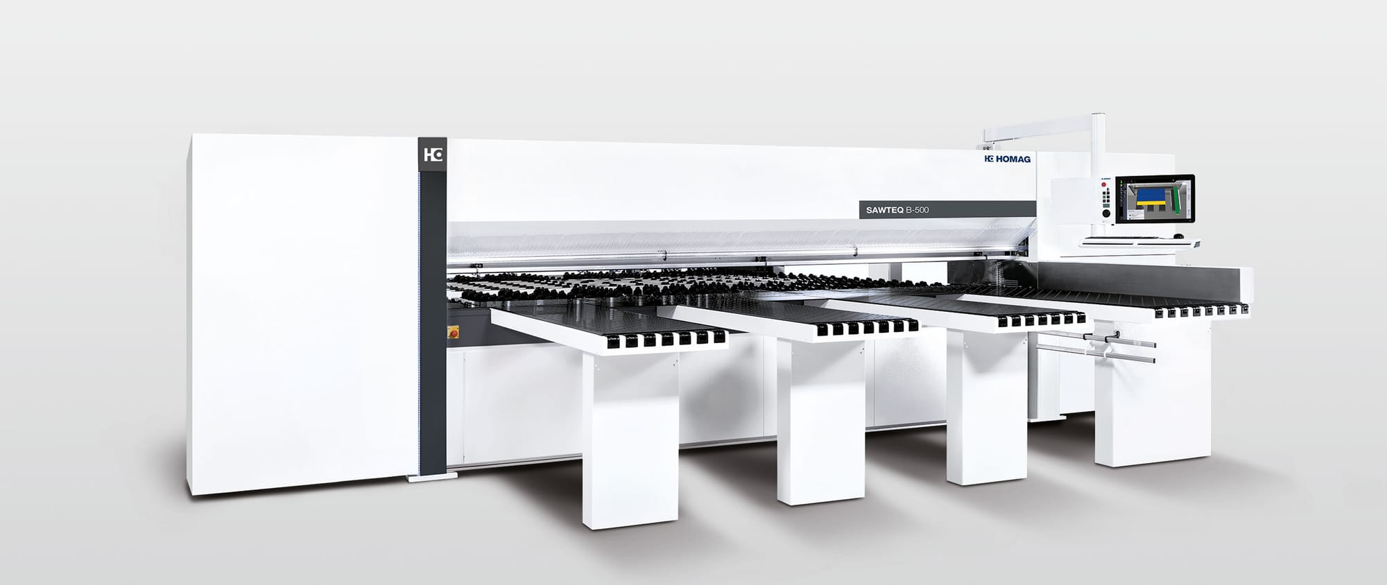 Fierăstrău de debitat în pachet (beam saw) industrial HOMAG SAWTEQ S-500 (fost HPP 500), cu mese frontale cu perne de aer și panou de control CNC