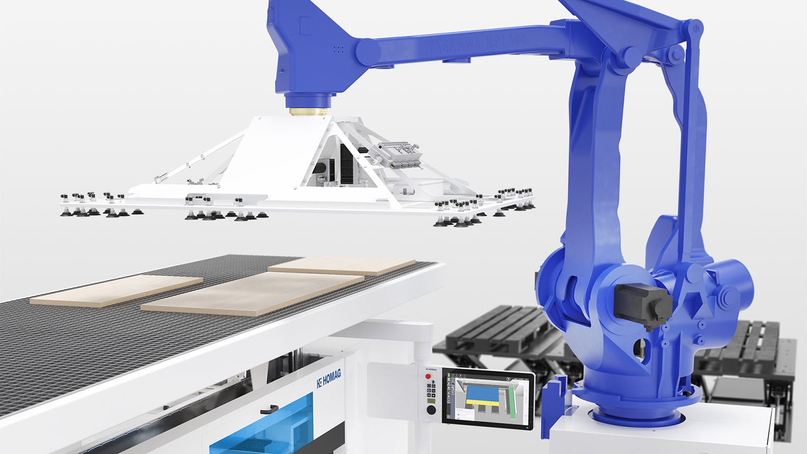 Detaliu cu brațul robotic (Yaskawa) și traversa cu ventuze a sistemului HOMAG SAWTEQ flexTec, manipulând piese de PAL tăiate de pe masa cu perne de aer.