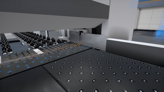 Animație (GIF) a sistemului de exhaustare "dustEx" de la HOMAG, care foloseşte jeturi de aer pentru a curăța masa mașinii și a ghida rumegușul spre canalul de extracție.