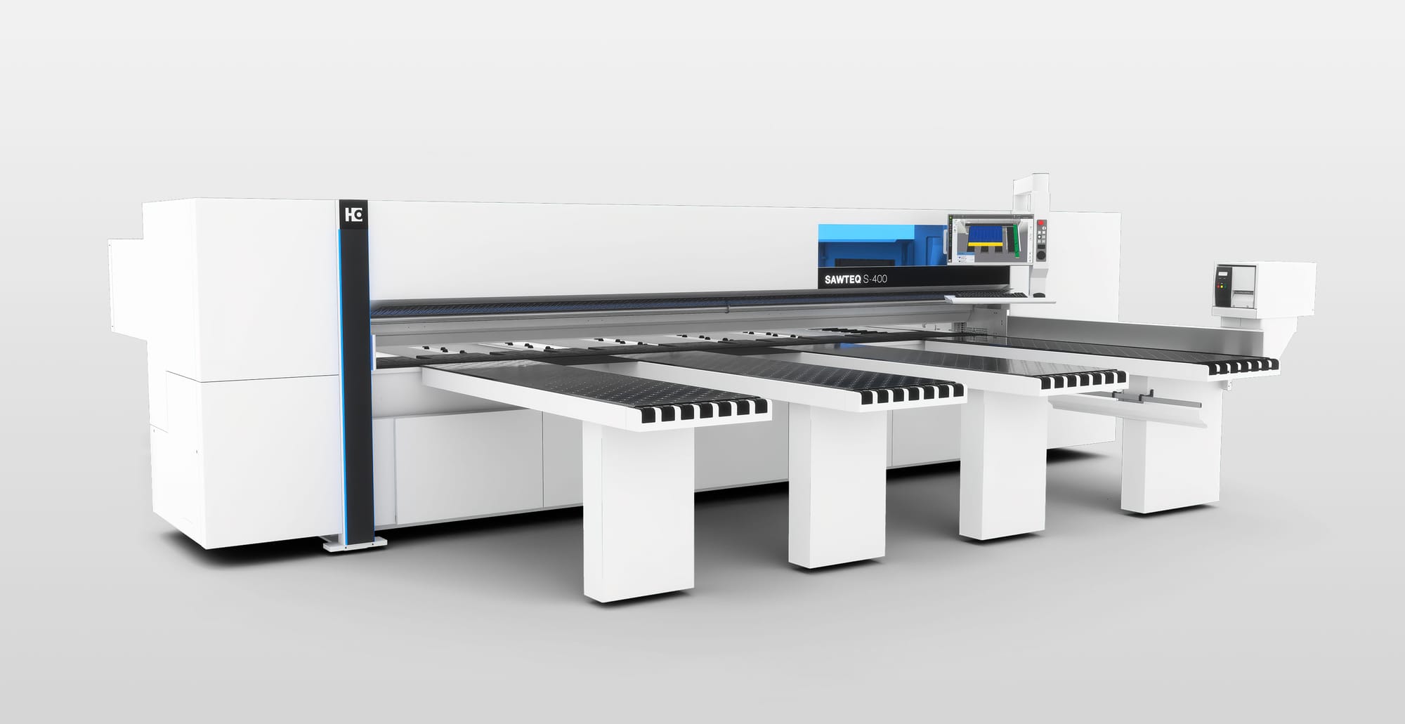 Fierăstrău de debitat în pachet (beam saw) industrial HOMAG SAWTEQ S-400, cu mese frontale cu perne de aer și panou de control CNC.