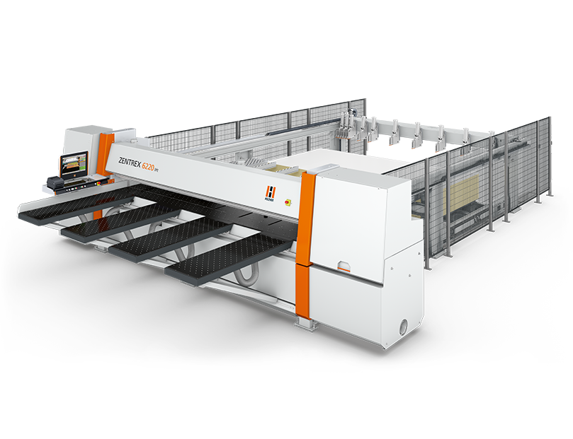 Fierăstrău de debitat în pachet (beam saw) industrial HOLZ-HER ZENTREX 6220 lift, cu mese frontale cu perne de aer și masă de încărcare posterioară (lift table) automatizată.