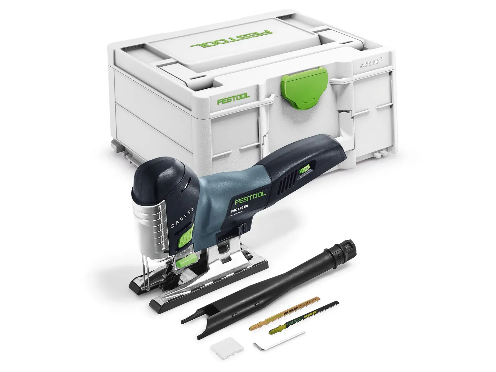 Ferăstrău vertical cu pendul fără fir Festool Carvex PSC 420 EB-Basic, prezentat cu cutia Systainer și accesorii pentru decupaje precise.