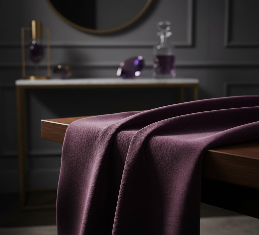 Textil de mobilier într-o nuanță de burgund intens cu reflexii de violet (prună), reprezentând o tendință de culoare sofisticată pentru 2026.