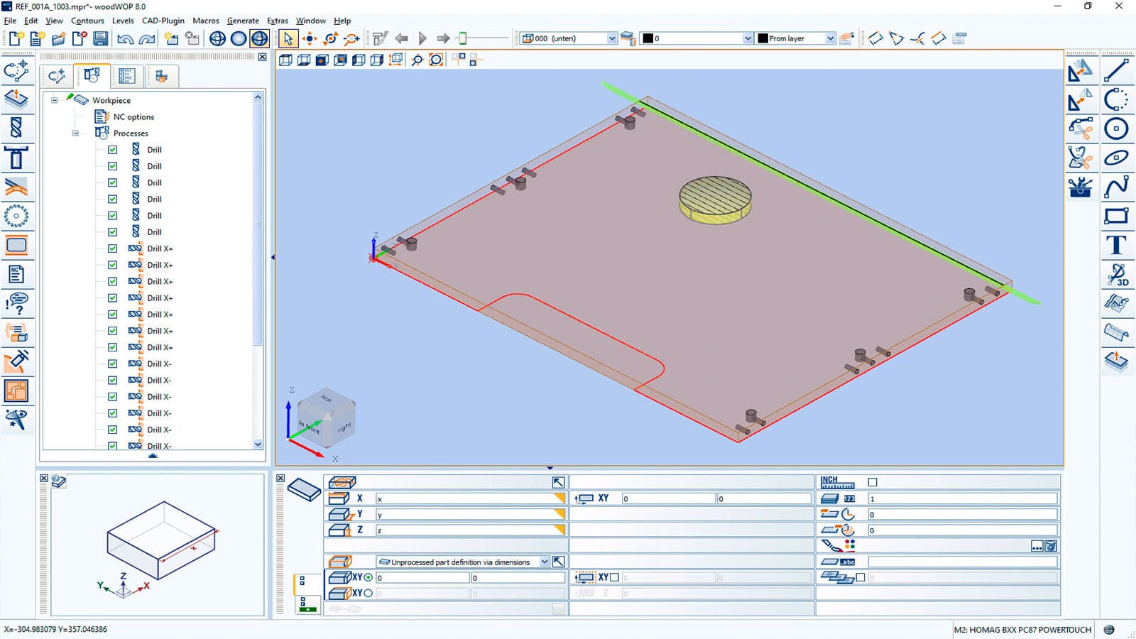 Captură de ecran din interfața tehnică woodWOP ilustrând proiectarea unui panou de mobilier, cu lista de operațiuni de prelucrare și vizualizare 3D a piesei.