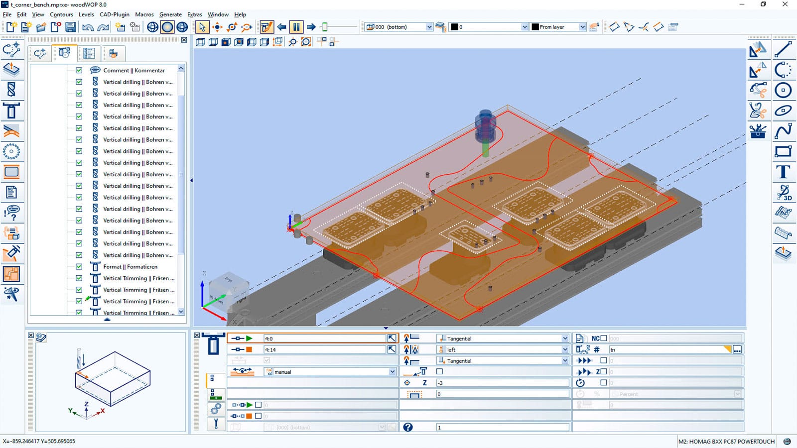 Captură de ecran din interfața tehnică woodWOP ilustrând proiectarea unui panou de mobilier, cu lista de operațiuni de prelucrare și vizualizare 3D a piesei.