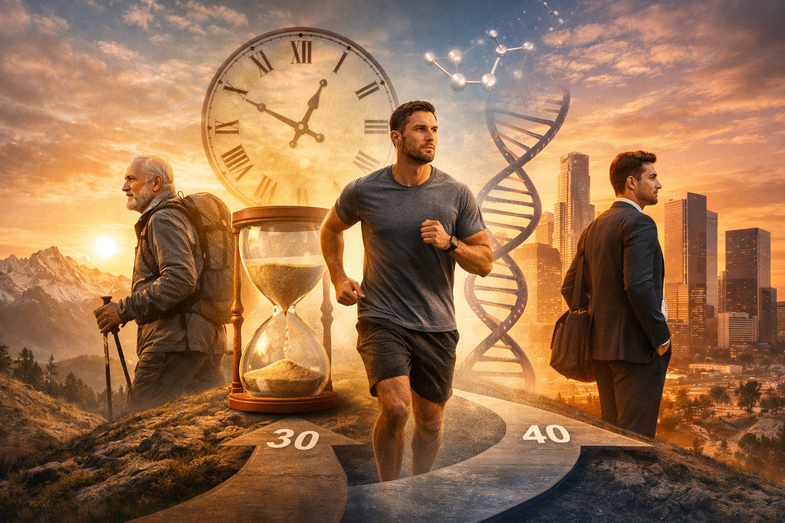 Homem em diferentes fases da vida caminhando através do tempo, com elementos de ciência, DNA, relógio e ampulheta simbolizando longevidade, envelhecimento saudável e evolução masculina.