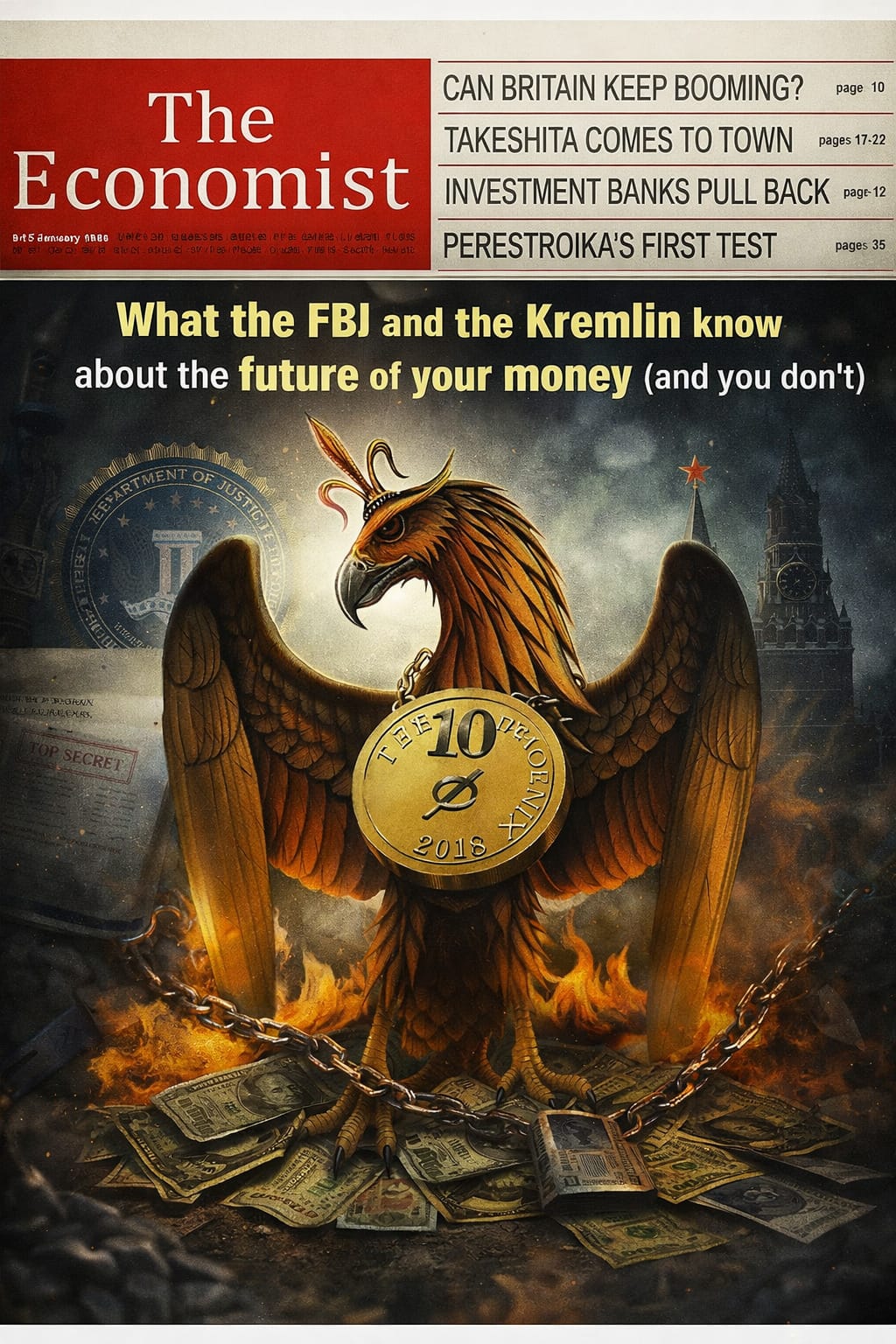 Phoenix rising over burning money on a magazine-style cover, representing a global financial reset and the future of world currencies.tems.
