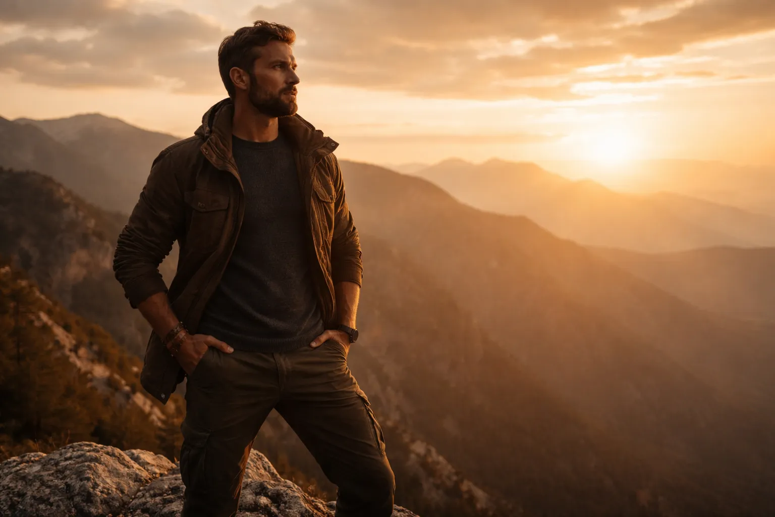Homem em pé no topo de uma montanha ao pôr do sol, representando o Arquétipo do Rei, liderança interior, responsabilidade e propósito masculino.