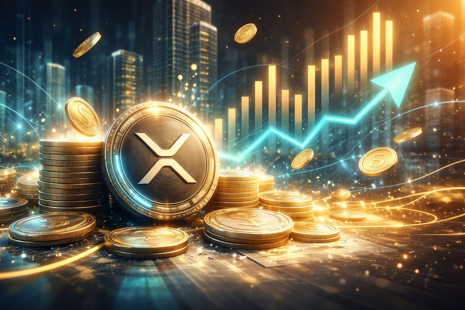 Ilustração de moedas XRP empilhadas com gráfico de crescimento financeiro ao fundo, representando rendimento passivo, valorização de criptomoedas e estratégia de investimento inteligente.